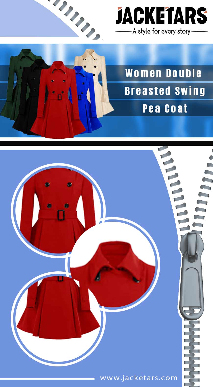 Women Double Breasted Swing Pea Coat Info