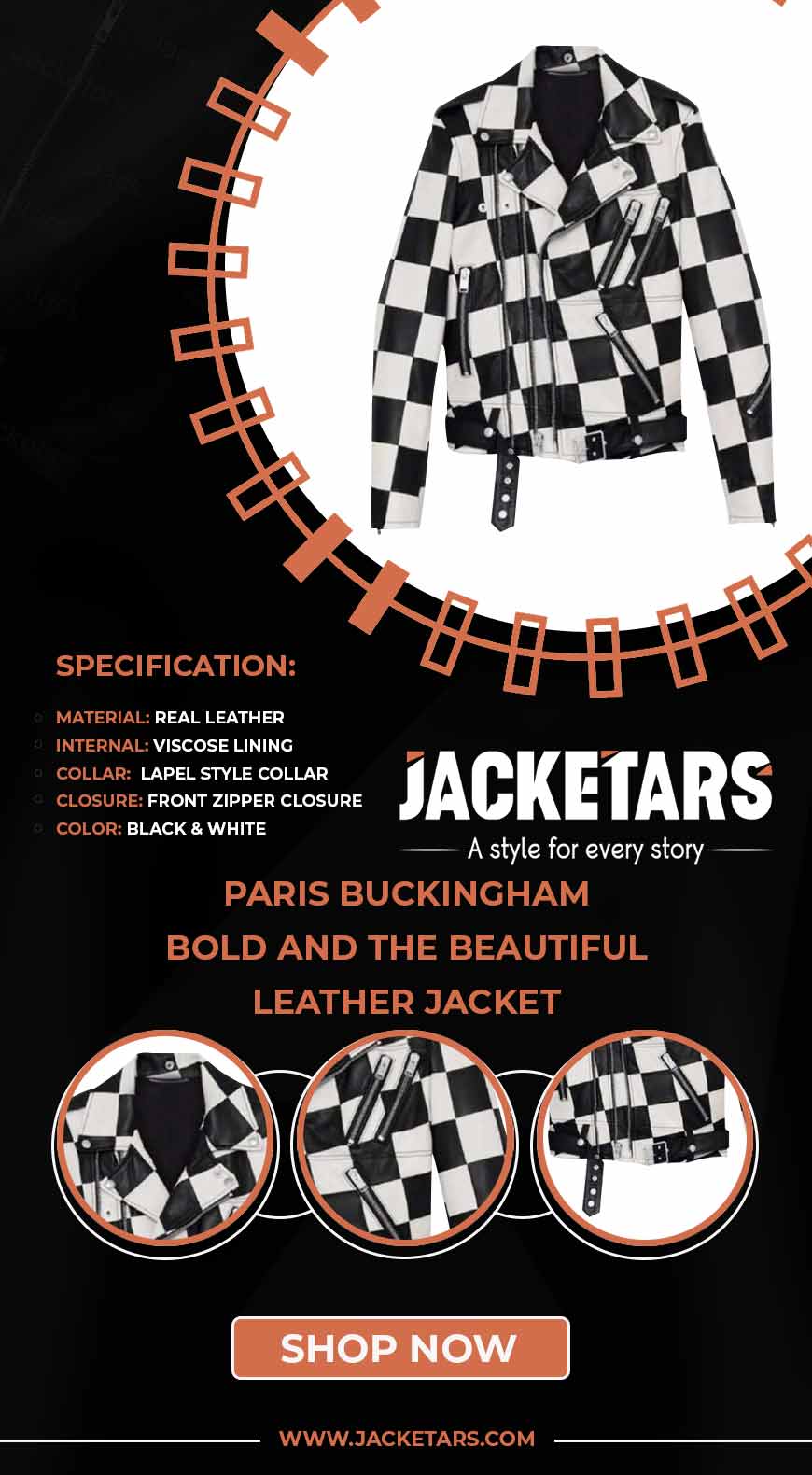 Paris Buckingham Bold and the Beautiful Leather Jacket info